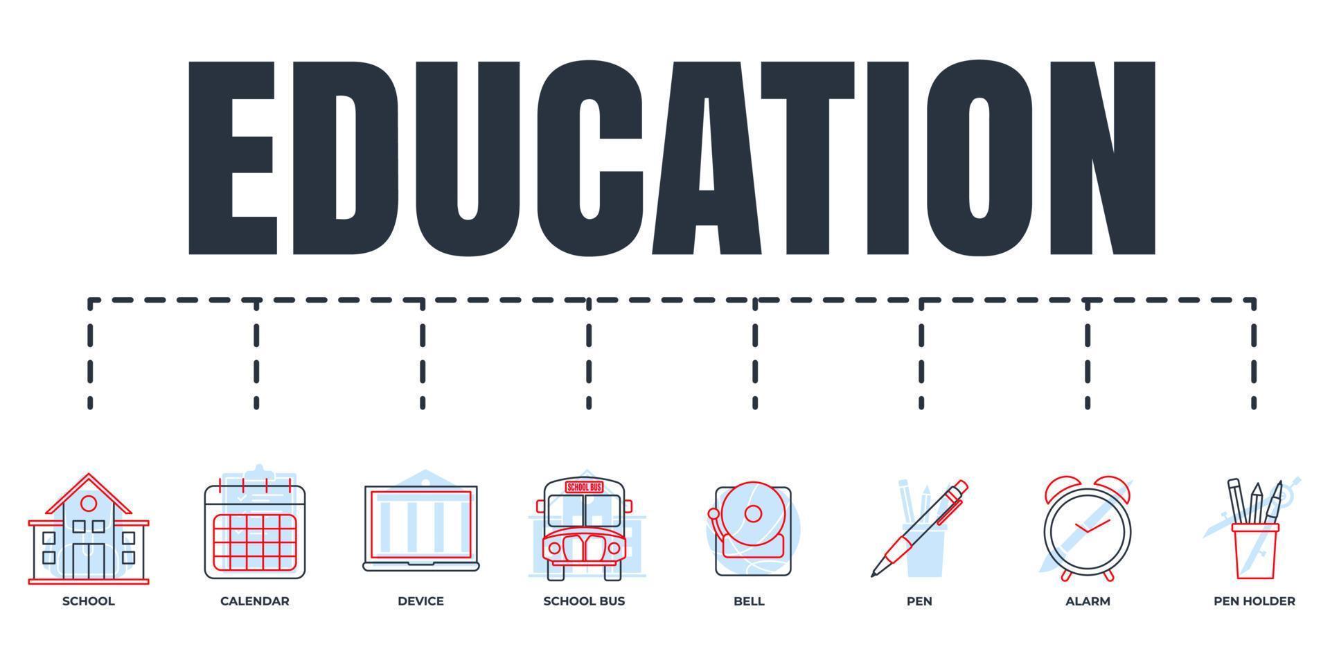 Education and back to school banner web icon set. school, bell, school bus, alarm clock, pen, calendar, pen holder, laptop device vector illustration concept.