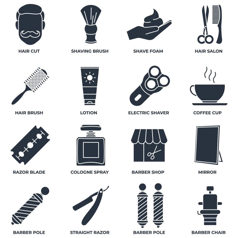 Conjunto de iconos web de banner de peluquería. spray de colonia, hoja de afeitar, espejo, loción, barra de barbero, taza de café y más concepto de ilustración vectorial. vector