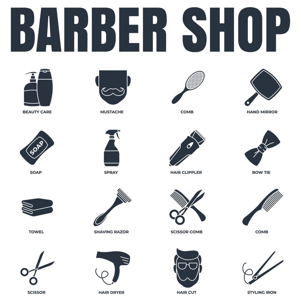 Barber shop banner web icon set. shaving razor, soap, towel, hand mirror, mustache, scissor, hair dryer and more vector illustration concept.