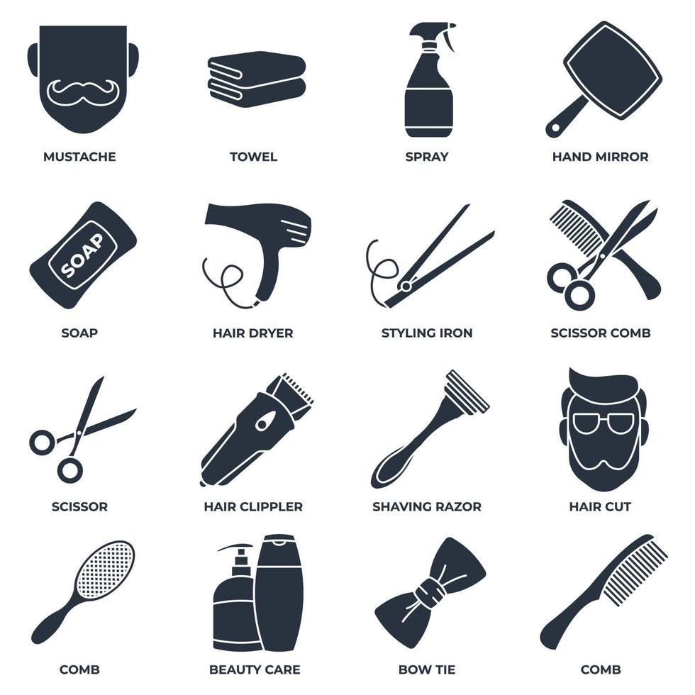 Conjunto de iconos web de banner de peluquería. maquinilla de afeitar, jabón, toalla, espejo de mano, bigote, tijera, secador de pelo y más concepto de ilustración vectorial. vector
