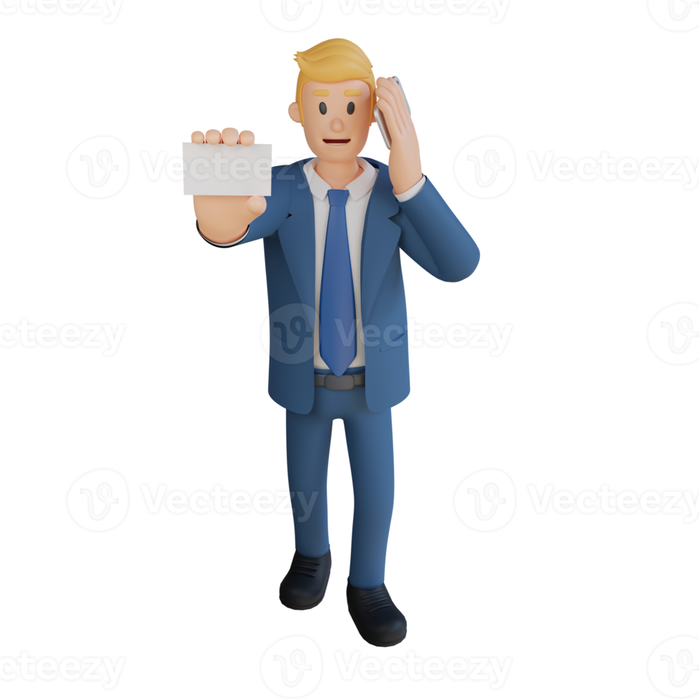 hombre de negocios que muestra el personaje de la tarjeta de visita ilustración de personaje 3d png