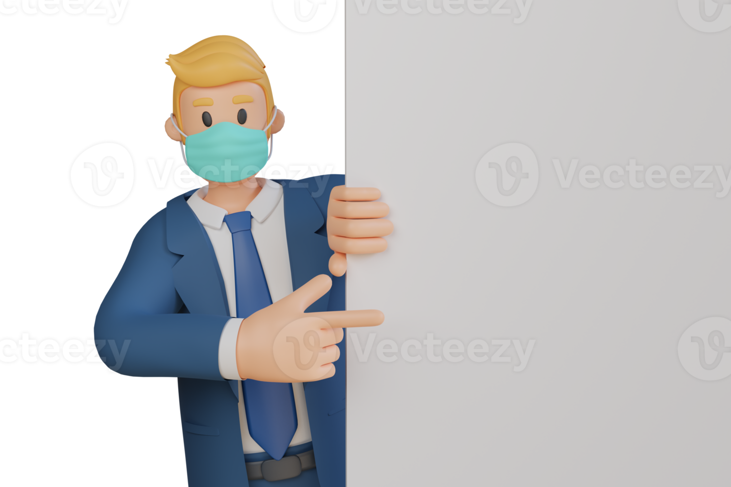 Businessman showing something on a blank white sheet character wearing mask 3d character illustration png