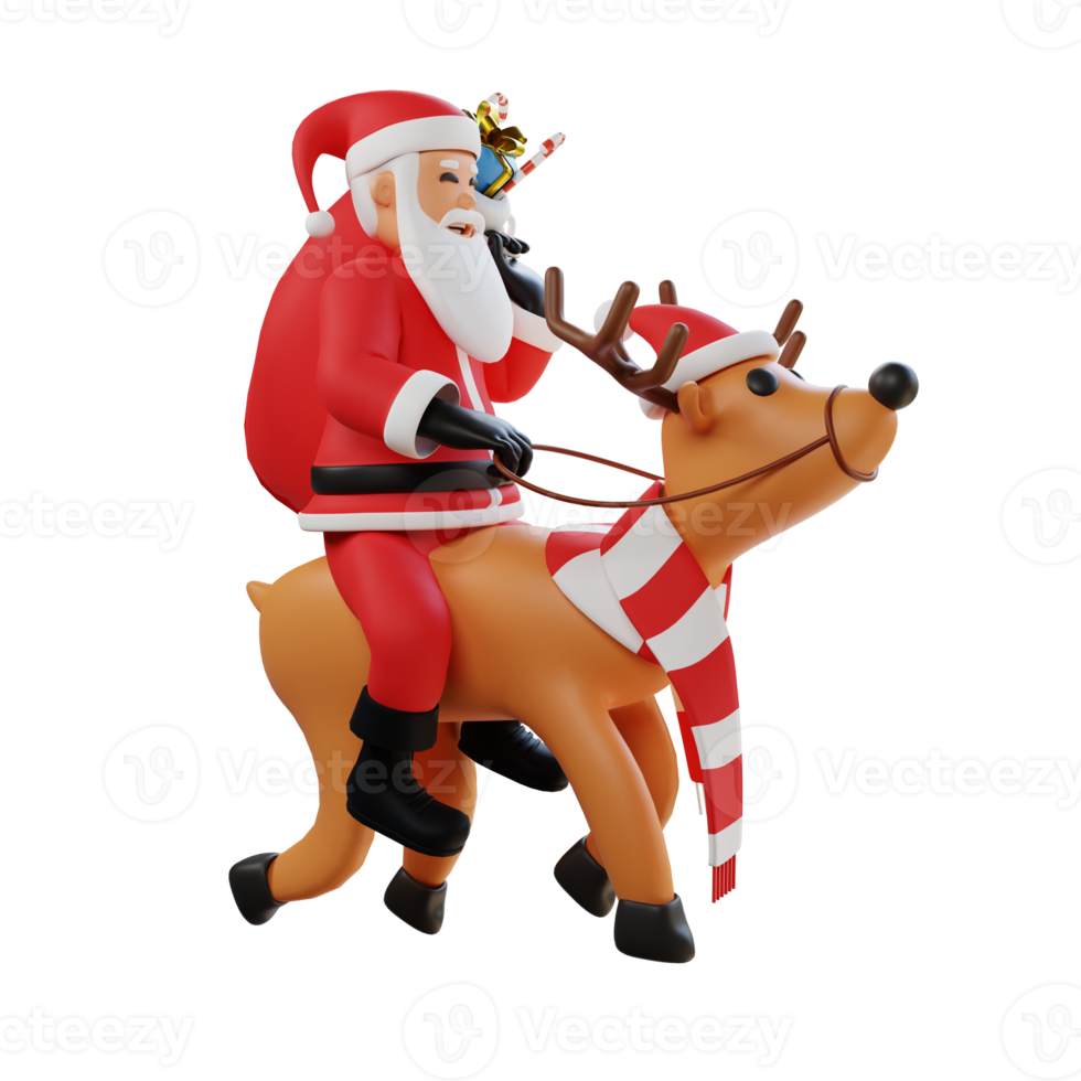 santa claus maskot 3d karaktär illustration ridning en rådjur png