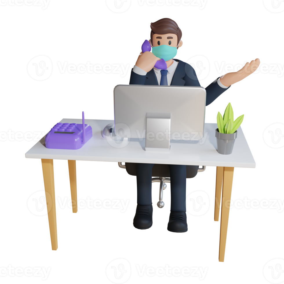 Businessman on the phone character wearing mask 3d character illustration png