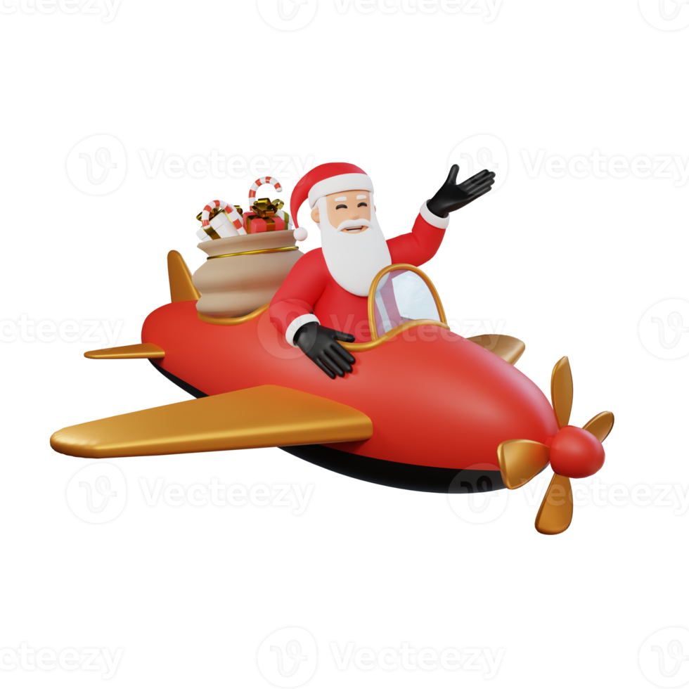 weihnachtsmann-maskottchen 3d-charakterillustration, die ein flugzeug fährt png