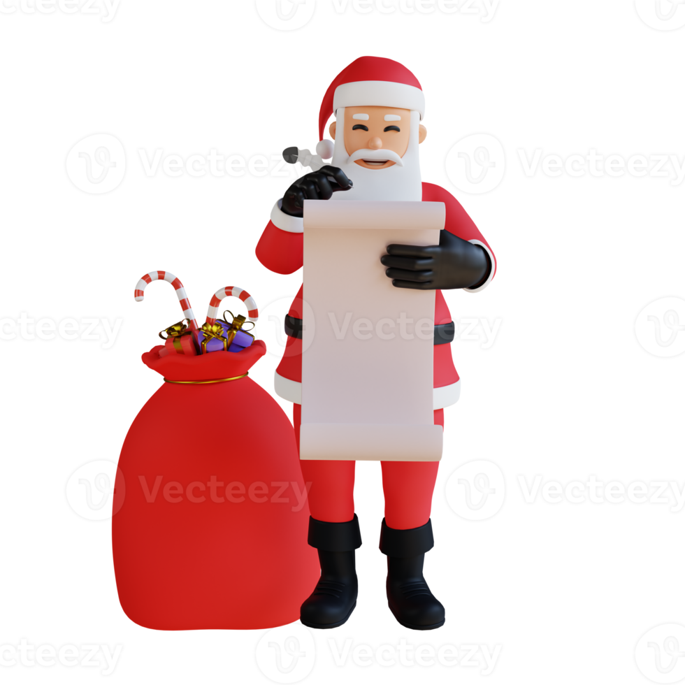 Santa claus mascot 3d character illustration holding a gift list png