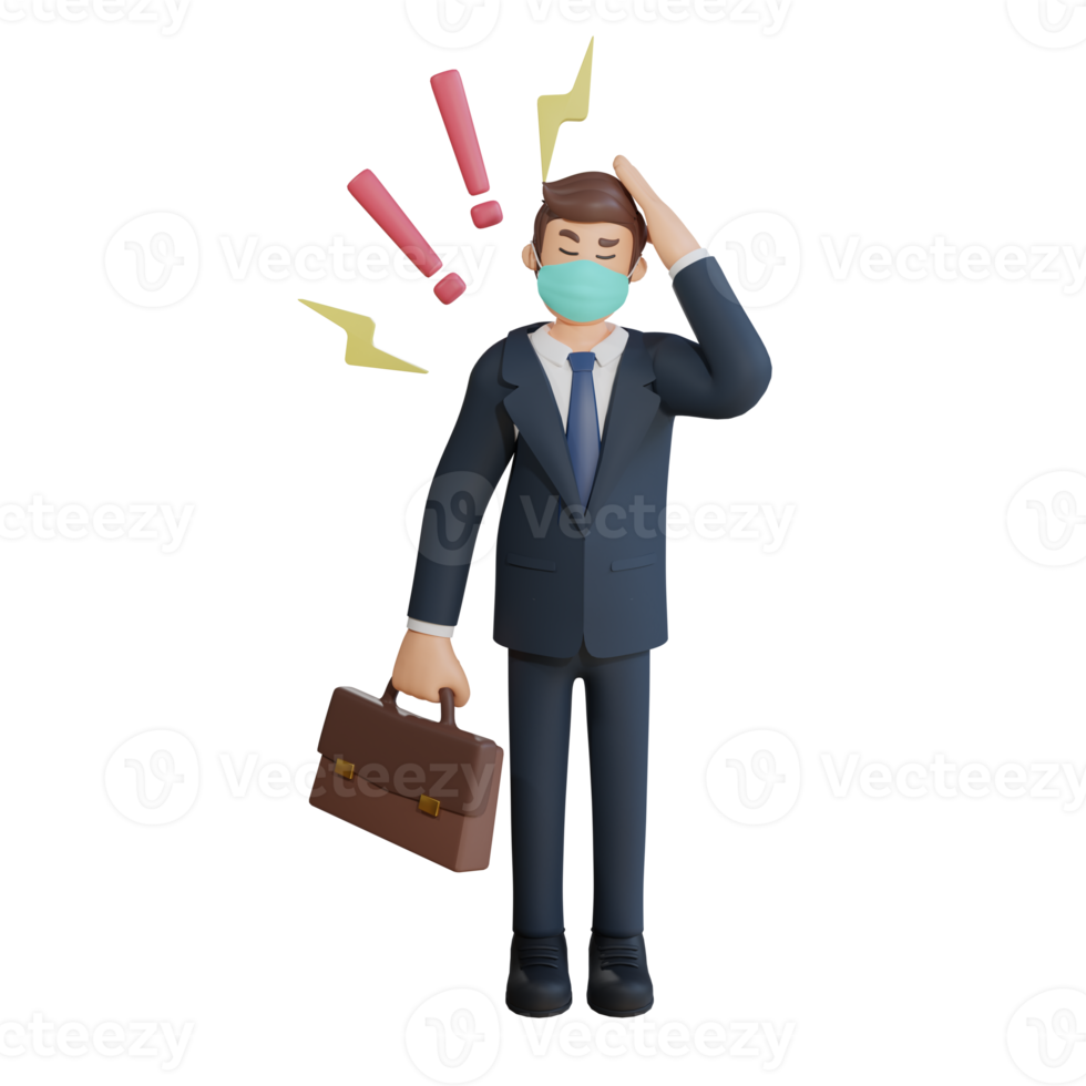 Businessman is dizzy thinking about work character wearing mask 3d character illustration png