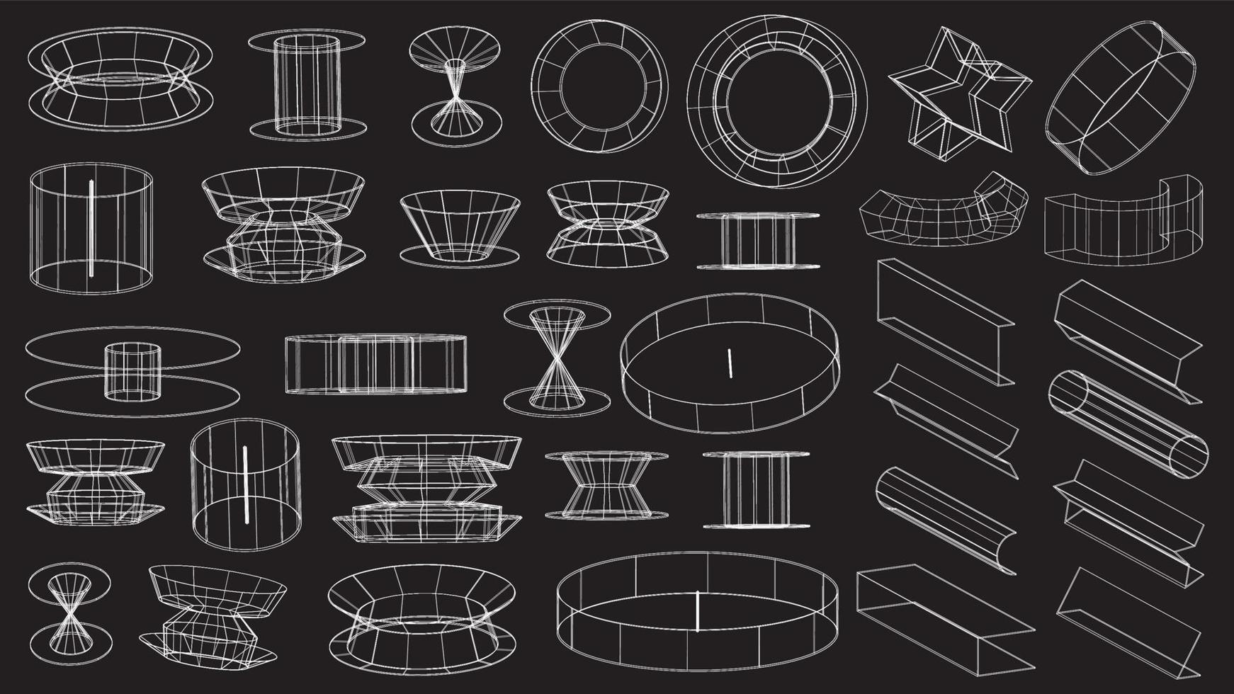 conjunto de elementos tecnológicos geométricos abstractos al estilo cyberpunk. colección retro vintage diseño digital virtual 3d. textura años 80 vr. patrón de metaverso futurista. fondo de plantilla aislada vectorial vector