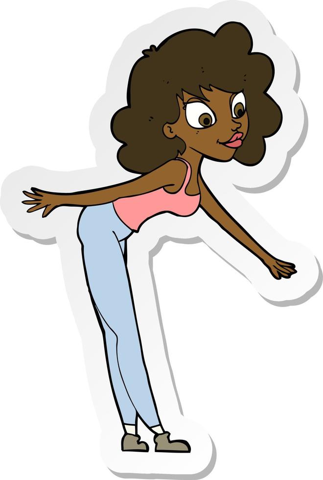 sticker of a cartoon woman reaching to pick something up vector
