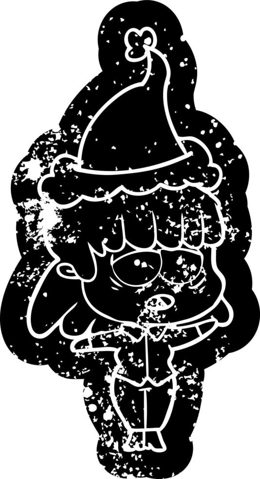 cartoon distressed icon of a tired woman wearing santa hat vector
