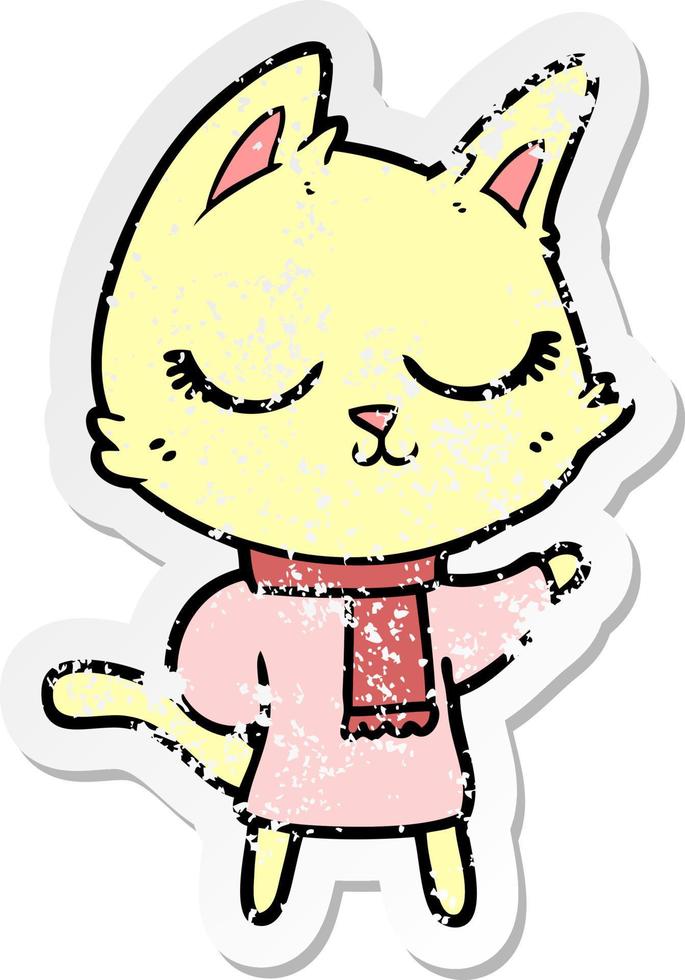 distressed sticker of a calm cartoon cat wearing scarf vector