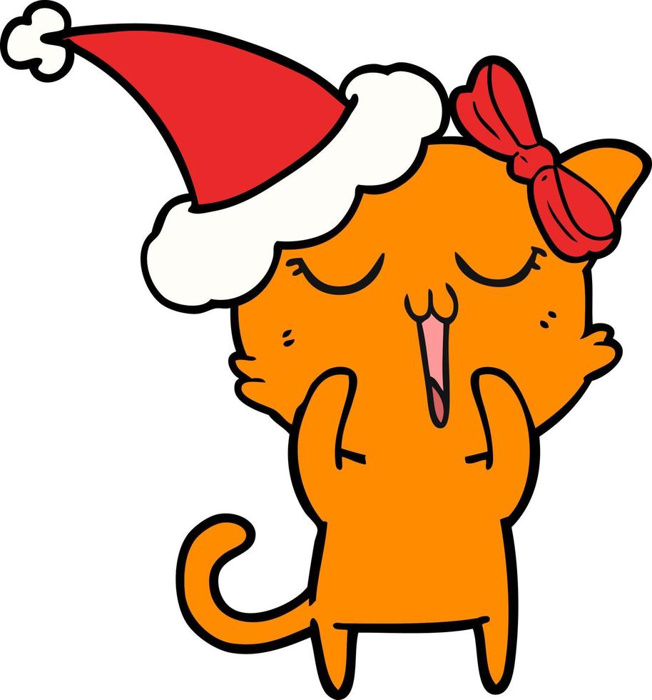 line drawing of a cat wearing santa hat vector