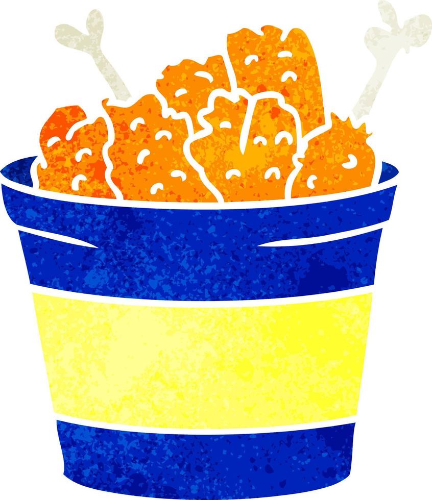 retro cartoon doodle bucket of fried chicken vector