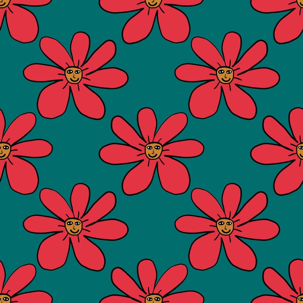 Groovy Smiling Hippie Flower seamless pattern. Positive 70s retro smiling daisy vector