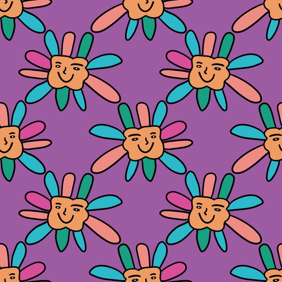 Groovy Smiling Hippie Flower seamless pattern. Positive 70s retro smiling daisy vector