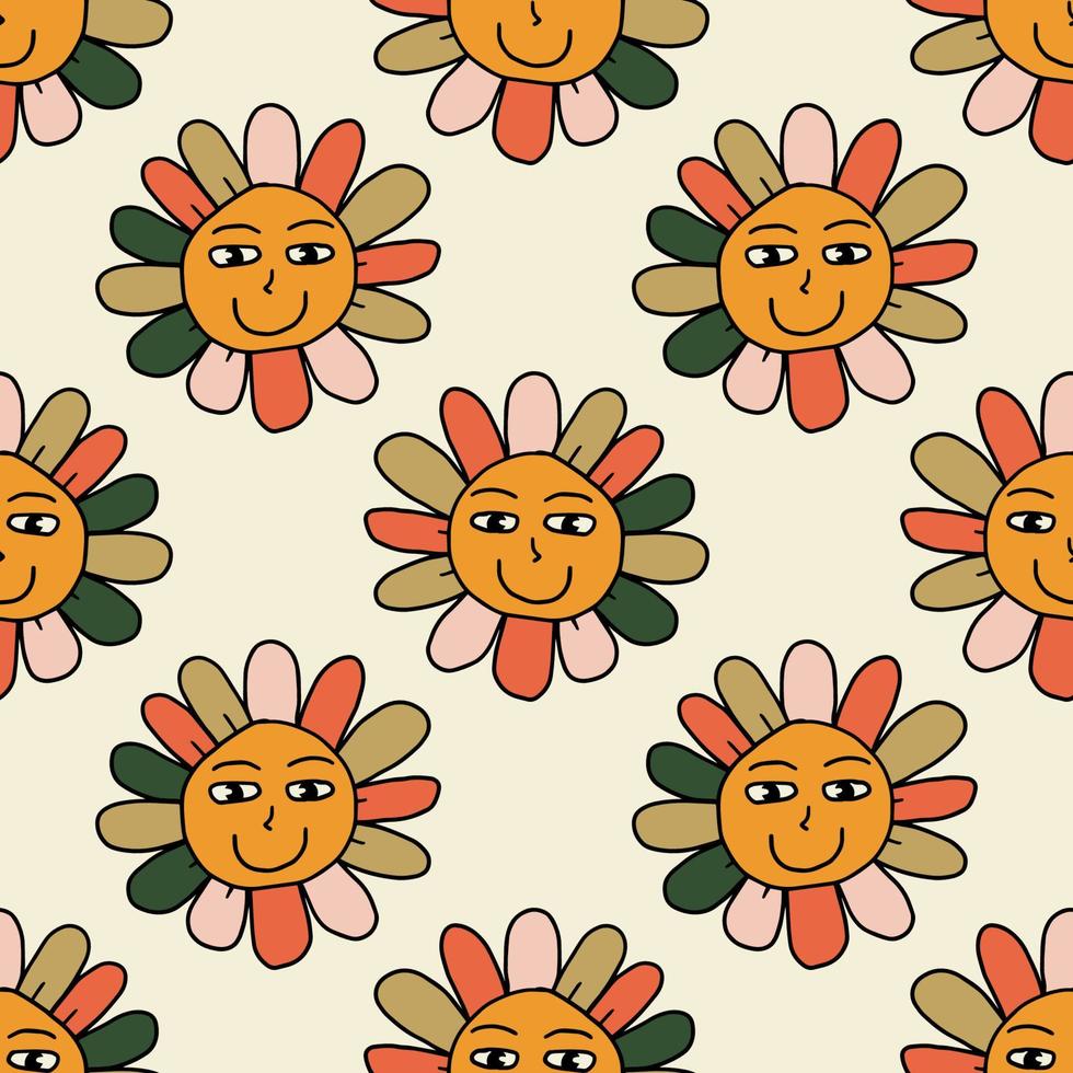 Groovy Smiling Hippie Flower seamless pattern. Positive 70s retro smiling daisy vector