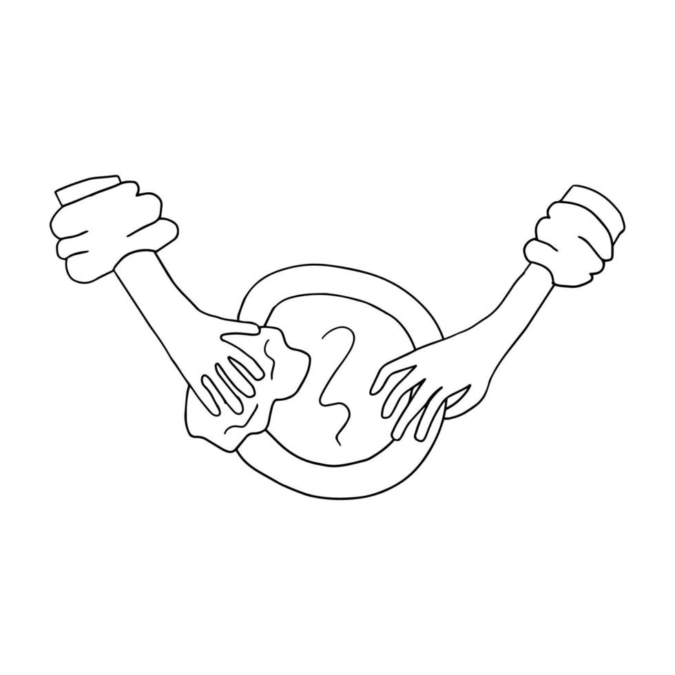 A doodle person's hand washes a plate and gives it to another person isolated on white background. vector