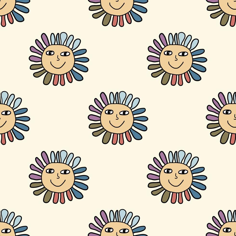 Groovy Smiling Hippie Flower seamless pattern. Positive 70s retro smiling daisy vector