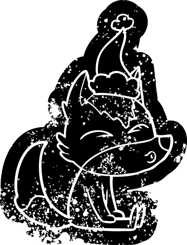 cartoon distressed icon of a wolf whistling wearing santa hat vector