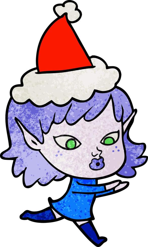 pretty textured cartoon of a elf girl wearing santa hat vector