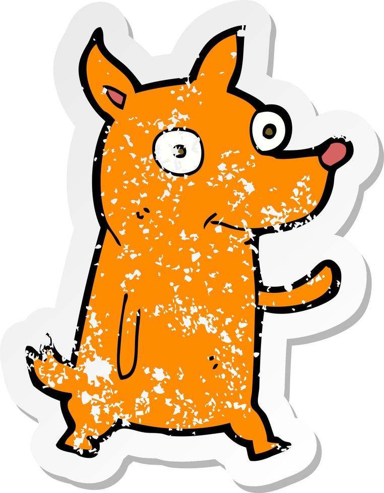 retro distressed sticker of a cartoon little dog waving vector