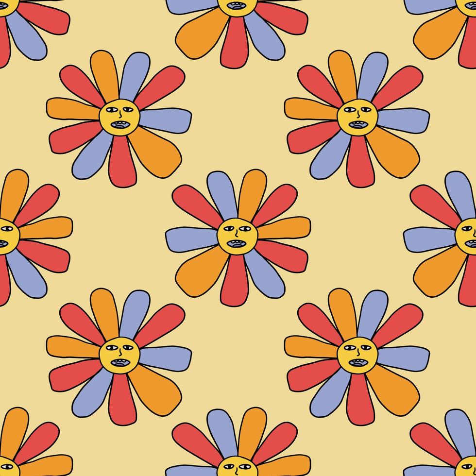 Groovy Smiling Hippie Flower seamless pattern. Positive 70s retro smiling daisy vector