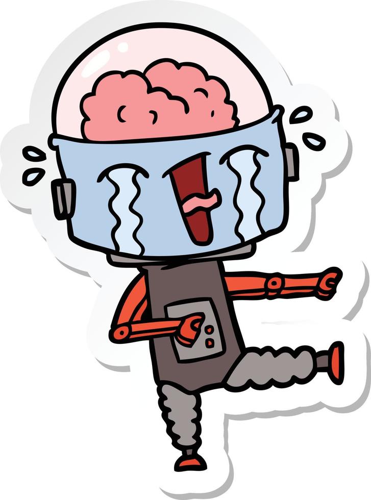 sticker of a cartoon crying robot pointing vector