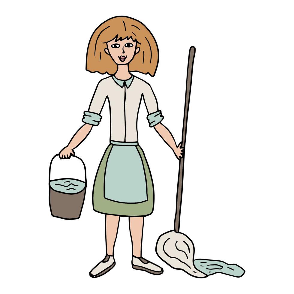 A doodle young woman in an apron washes the floors. vector