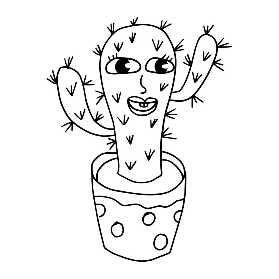 Cartoon doodle happy cactus in the pot isolated on white background. vector