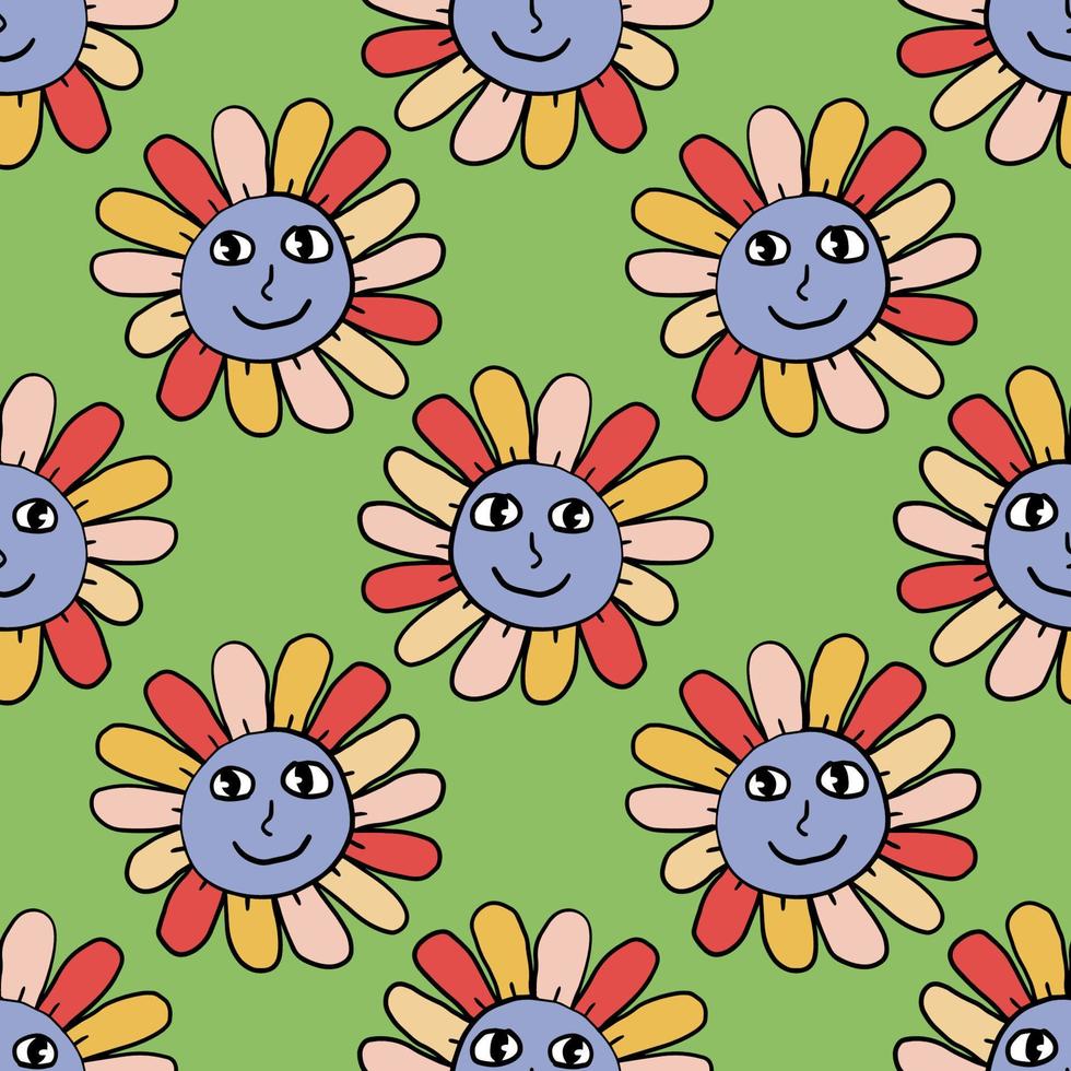 Groovy Smiling Hippie Flower seamless pattern. Positive 70s retro smiling daisy vector