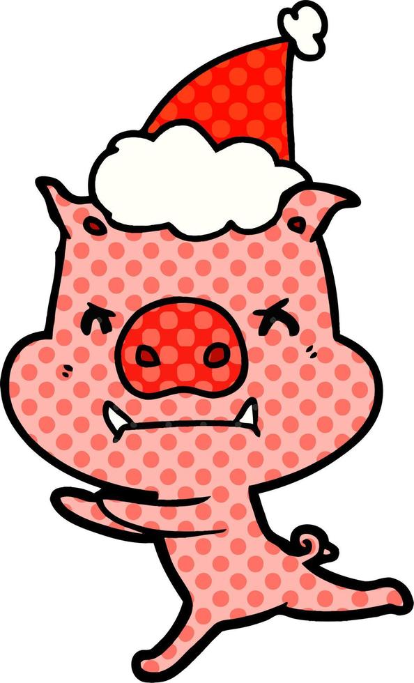 angry comic book style illustration of a pig wearing santa hat vector