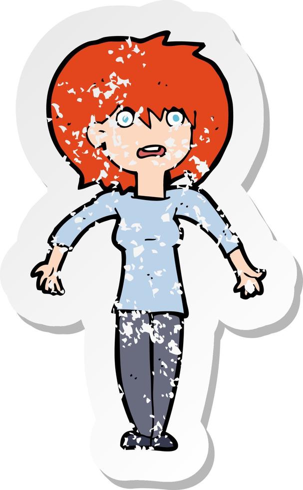 retro distressed sticker of a cartoon woman shrugging shoulders vector