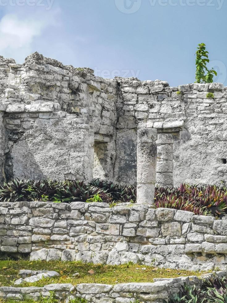 Ancient Tulum ruins Mayan site temple pyramids artifacts seascape Mexico. photo