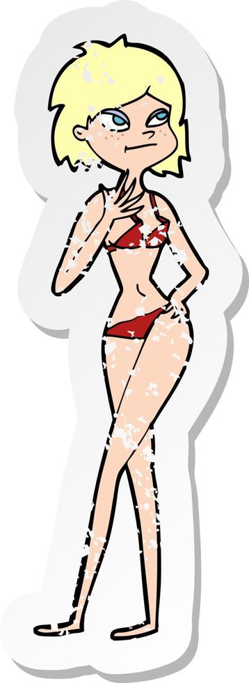 retro distressed sticker of a cartoon woman in bikini vector