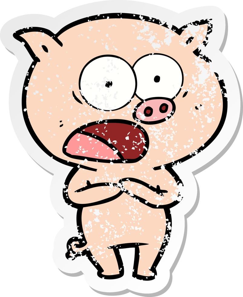 distressed sticker of a cartoon pig shouting vector
