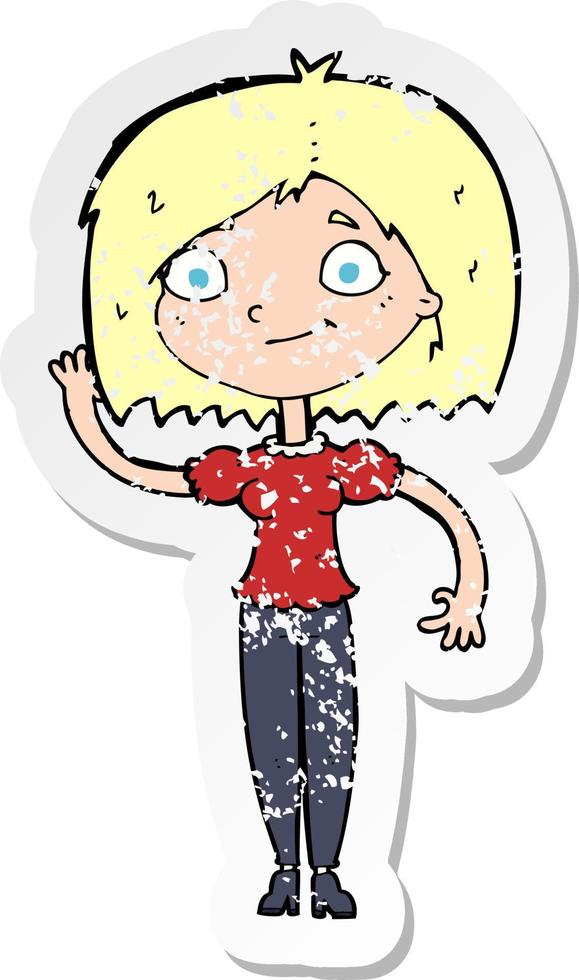 retro distressed sticker of a cartoon woman waving vector