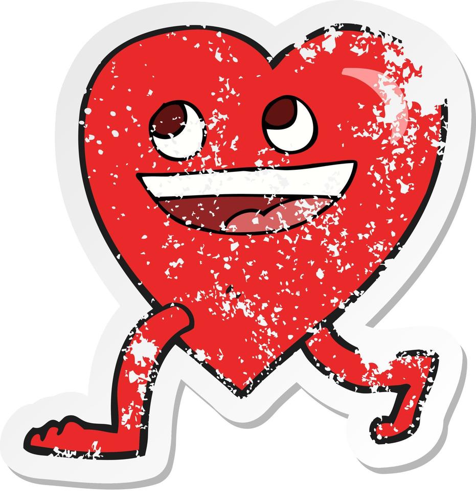 retro distressed sticker of a cartoon walking heart vector