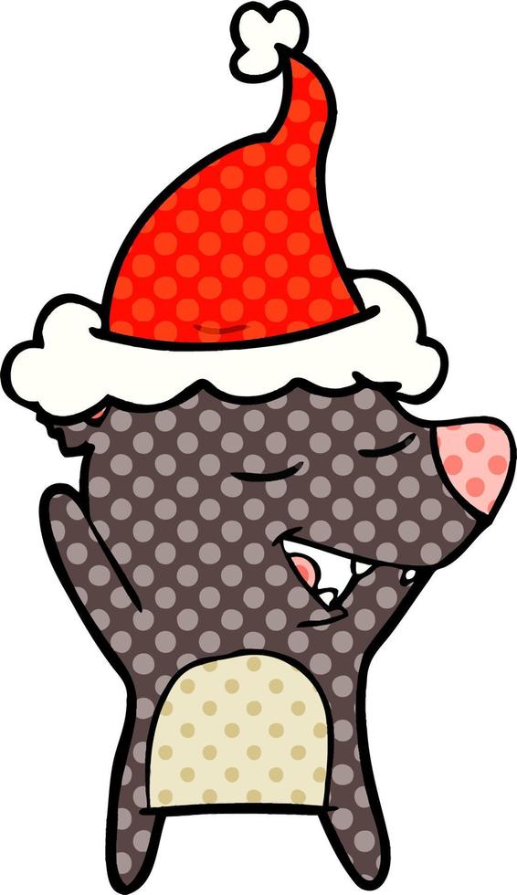 comic book style illustration of a bear wearing santa hat vector