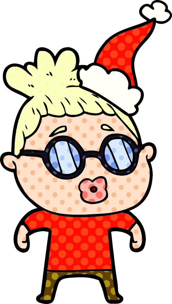 comic book style illustration of a woman wearing spectacles wearing santa hat vector