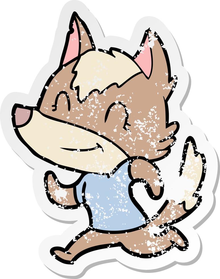 distressed sticker of a friendly cartoon wolf vector