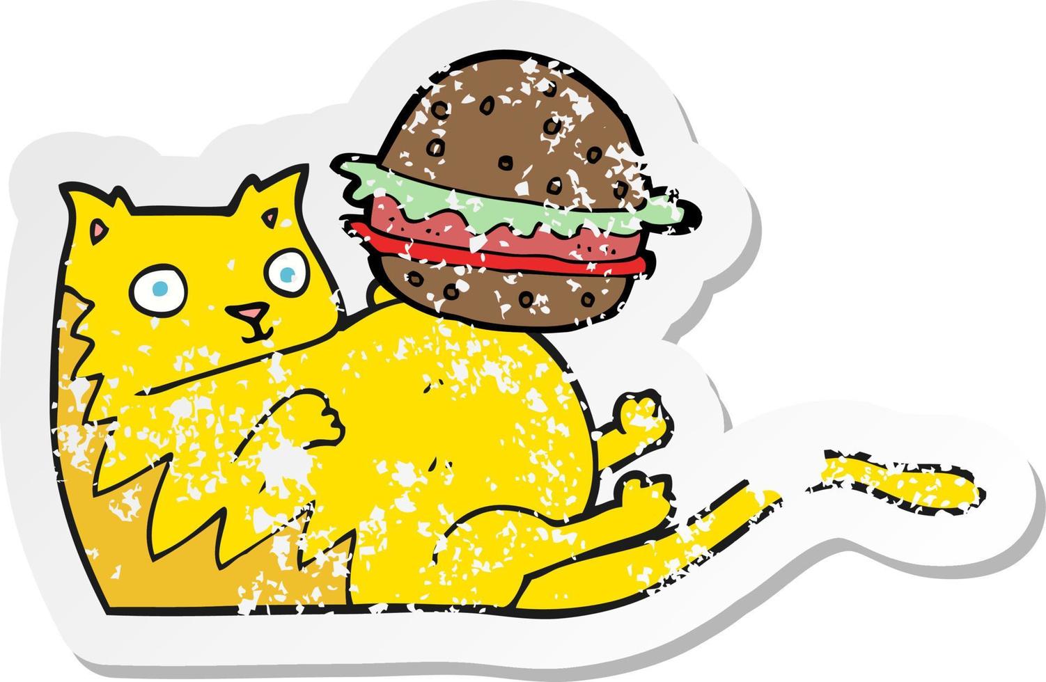 retro distressed sticker of a cartoon fat cat with burger vector