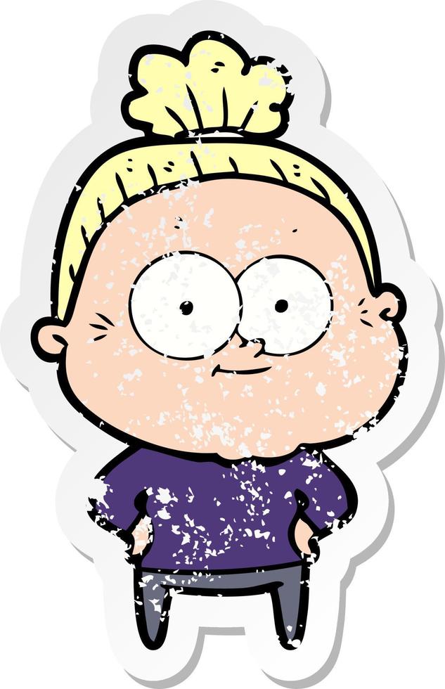 distressed sticker of a cartoon happy old woman vector