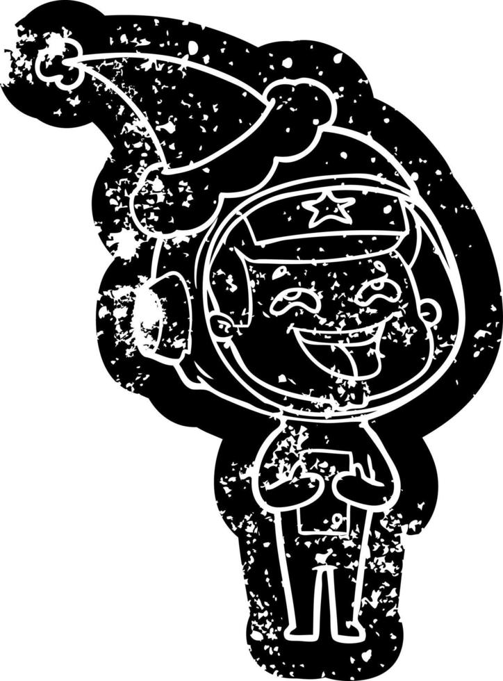 cartoon distressed icon of a laughing astronaut wearing santa hat vector