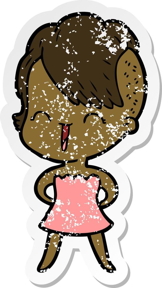 distressed sticker of a happy cartoon hipster girl vector