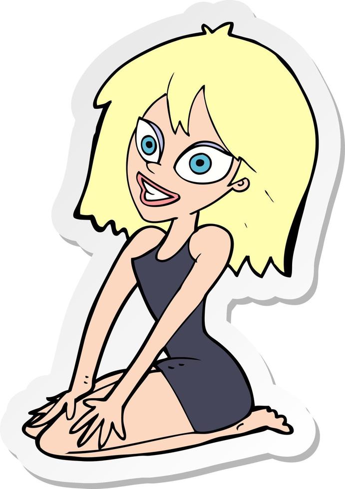 sticker of a cartoon happy woman in dress vector