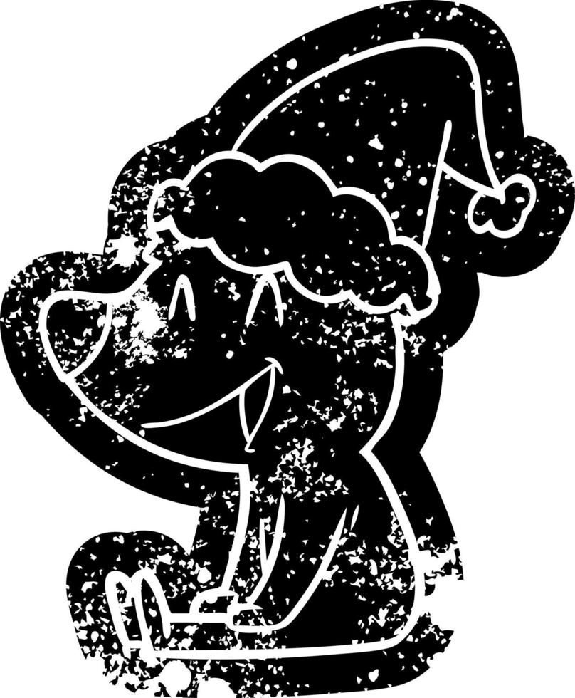 sitting bear cartoon distressed icon of a wearing santa hat vector