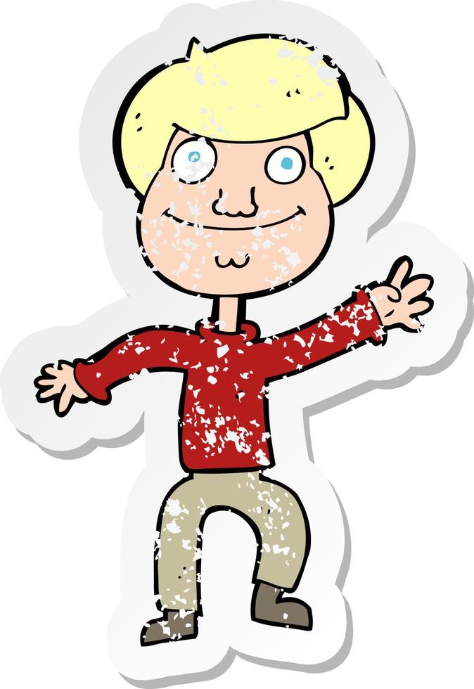 retro distressed sticker of a cartoon happy man waving vector