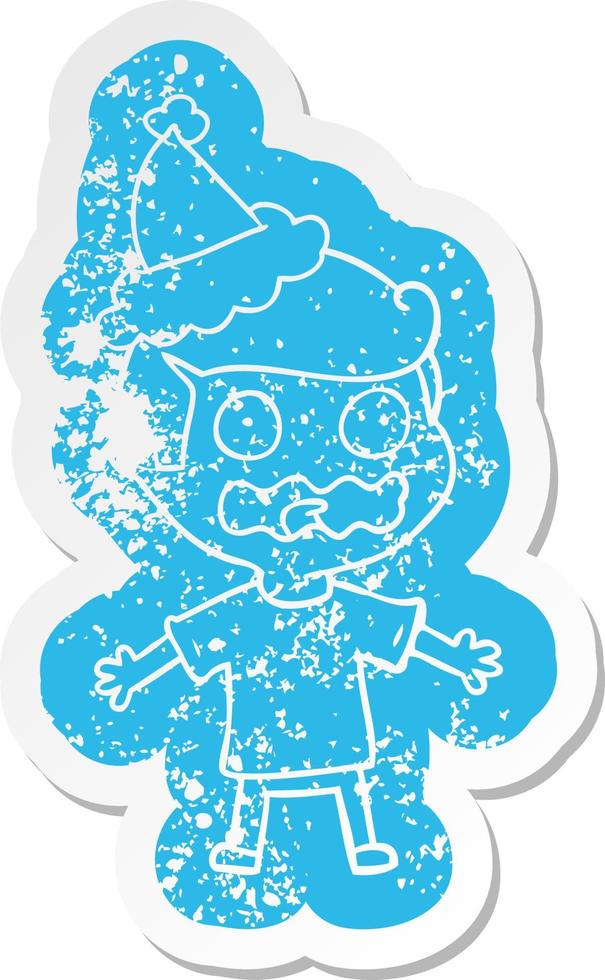 cartoon distressed sticker of a man totally stressed out wearing santa hat vector