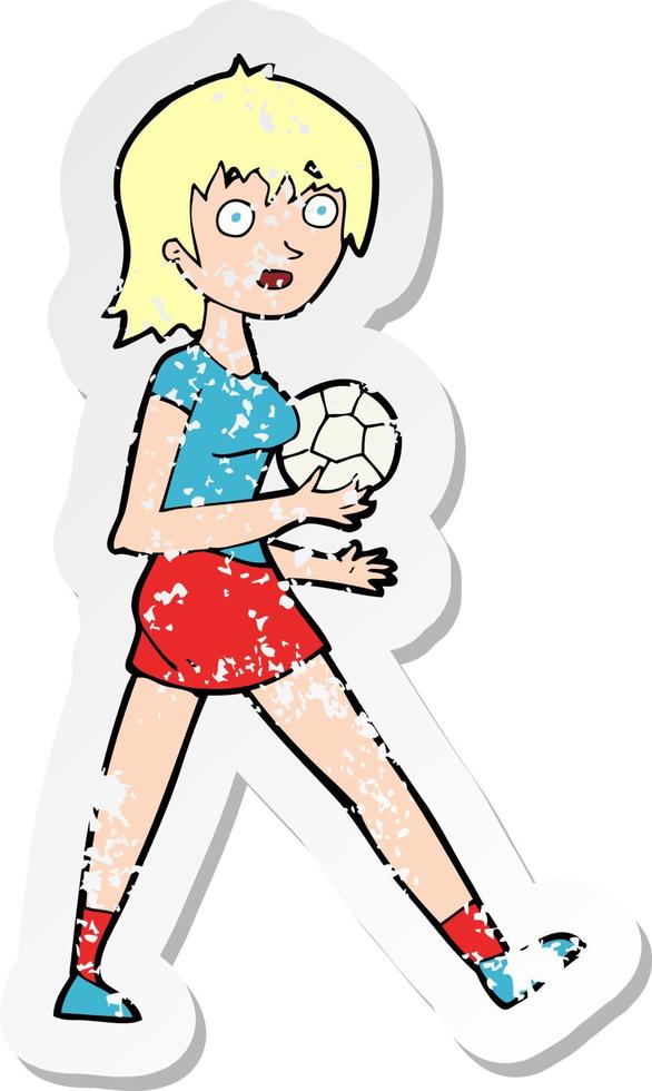 pegatina retro angustiada de una chica de fútbol de dibujos animados vector