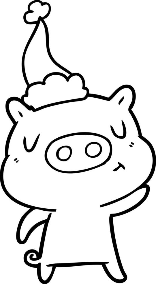 line drawing of a content pig wearing santa hat vector